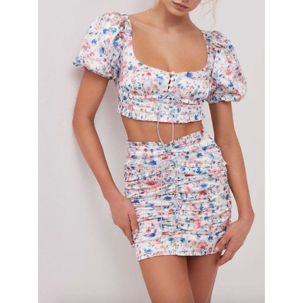 NWT For Love and Lemons white blue pink floral Juliet skirt crop top set M/L - Picture 10 of 10